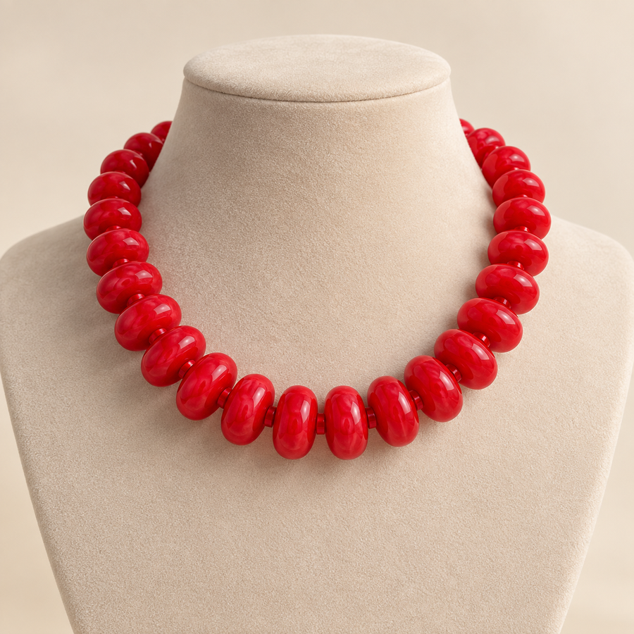 Collar Chicle Rojo Cereza de Cuentas Ovaladas