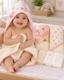Set de Baño para Bebé Niña 3 Toallas con Capucha + 3 Mini Toallitas Beige Rosa