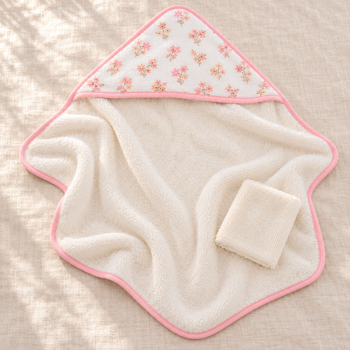Set de Baño para Bebé Niña 3 Toallas con Capucha + 3 Mini Toallitas Beige Rosa