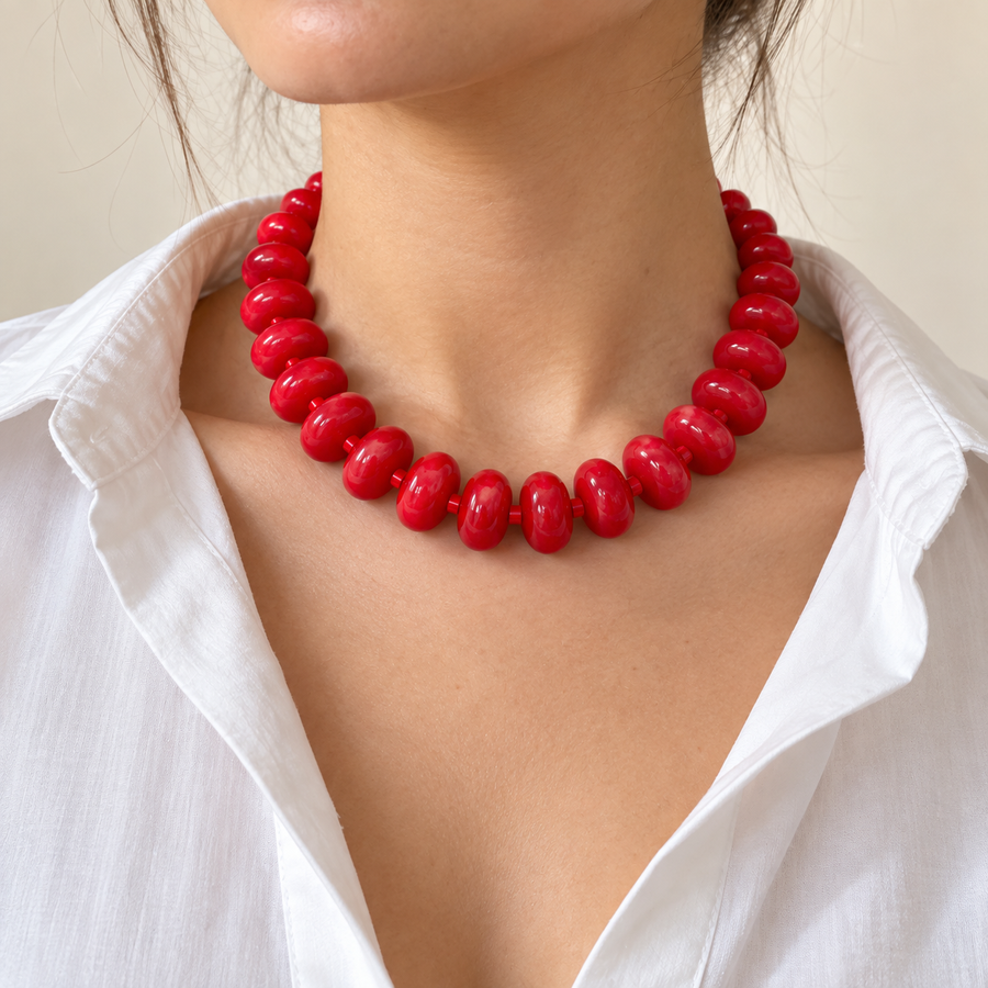 Collar Chicle Rojo Cereza de Cuentas Ovaladas