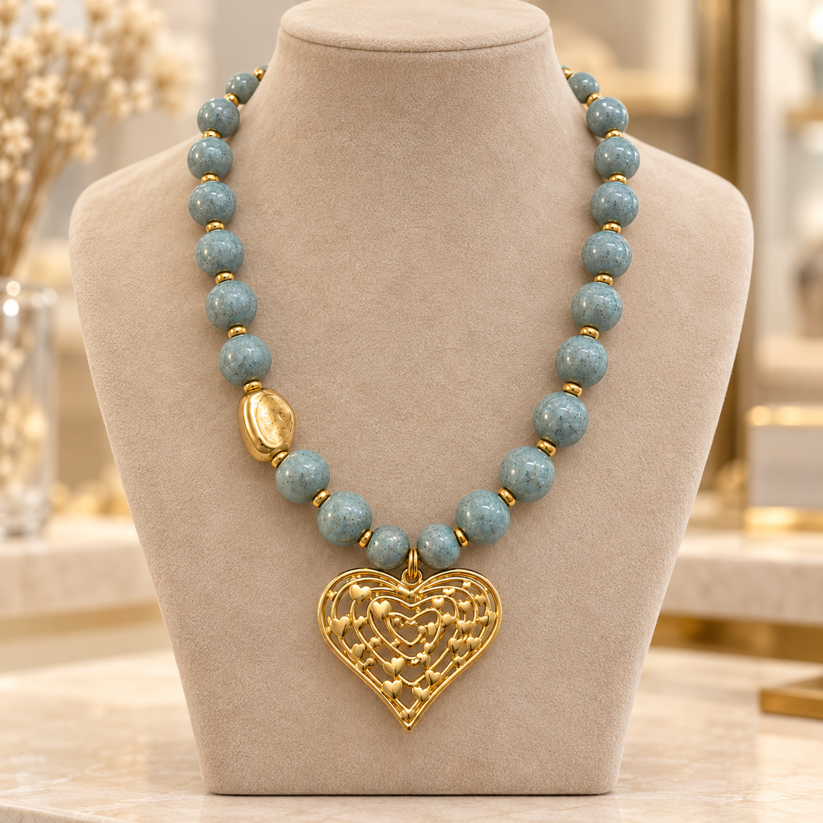 Collar Chicle Blue Love – Corazón Dorado y Cuentas Azul Grisáceo