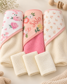 Set de Baño para Bebé Niña 3 Toallas con Capucha + 3 Mini Toallitas Beige Rosa
