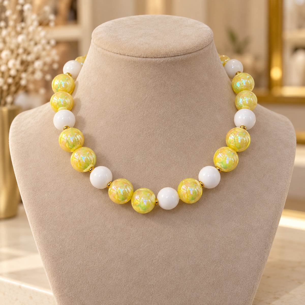 Collar Chicle Amarillo Nacarado y Blanco Ajustable