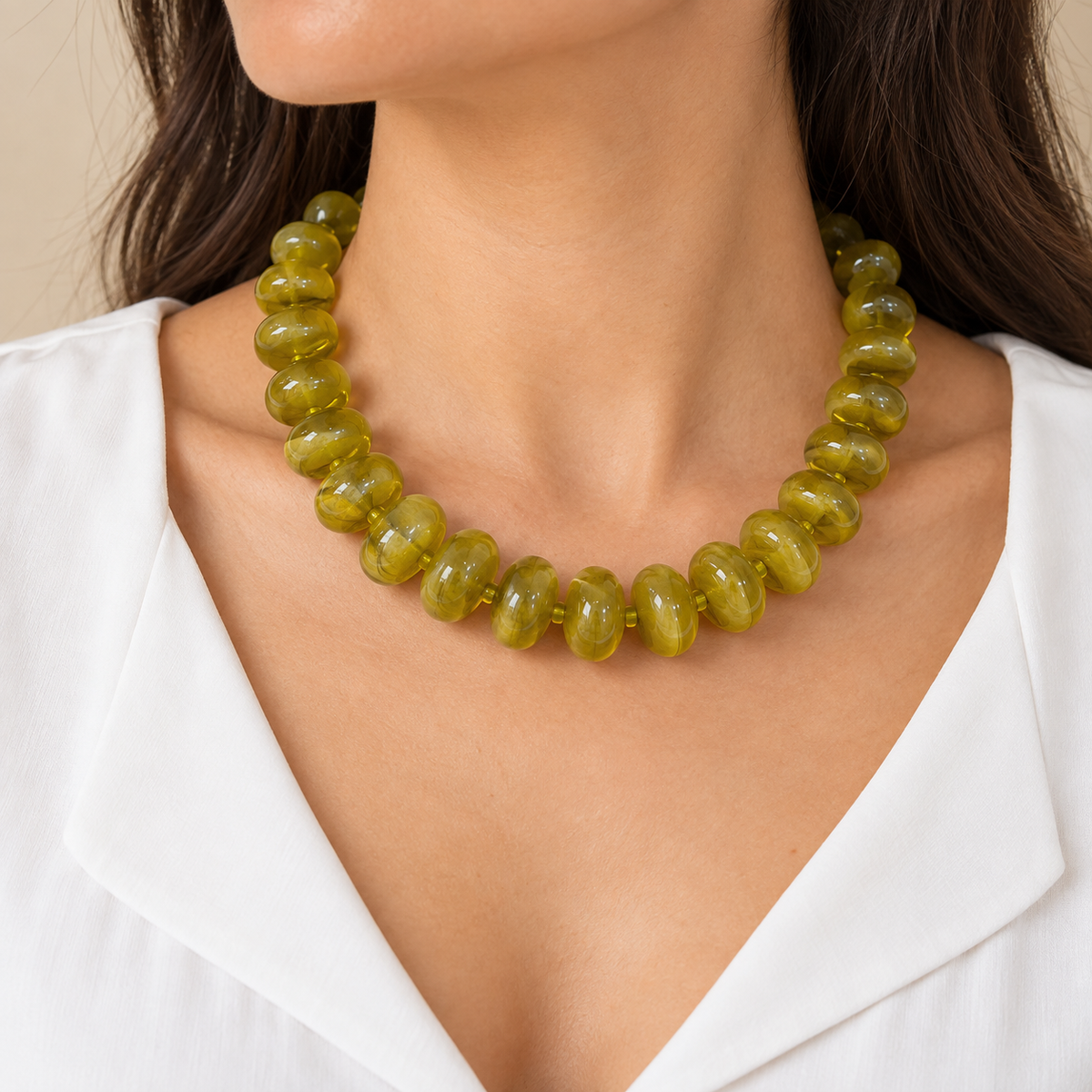 Collar Chicle Verde Oliva Marmoleado de Acrílico
