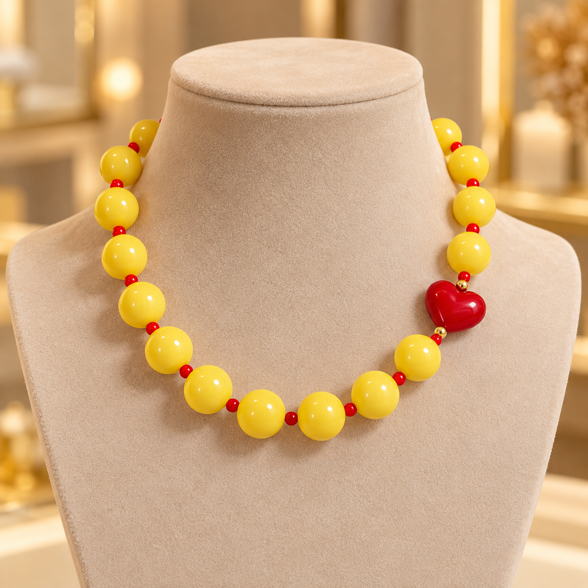 Collar Chicle Amarillo con Corazón Rojo Ajustable