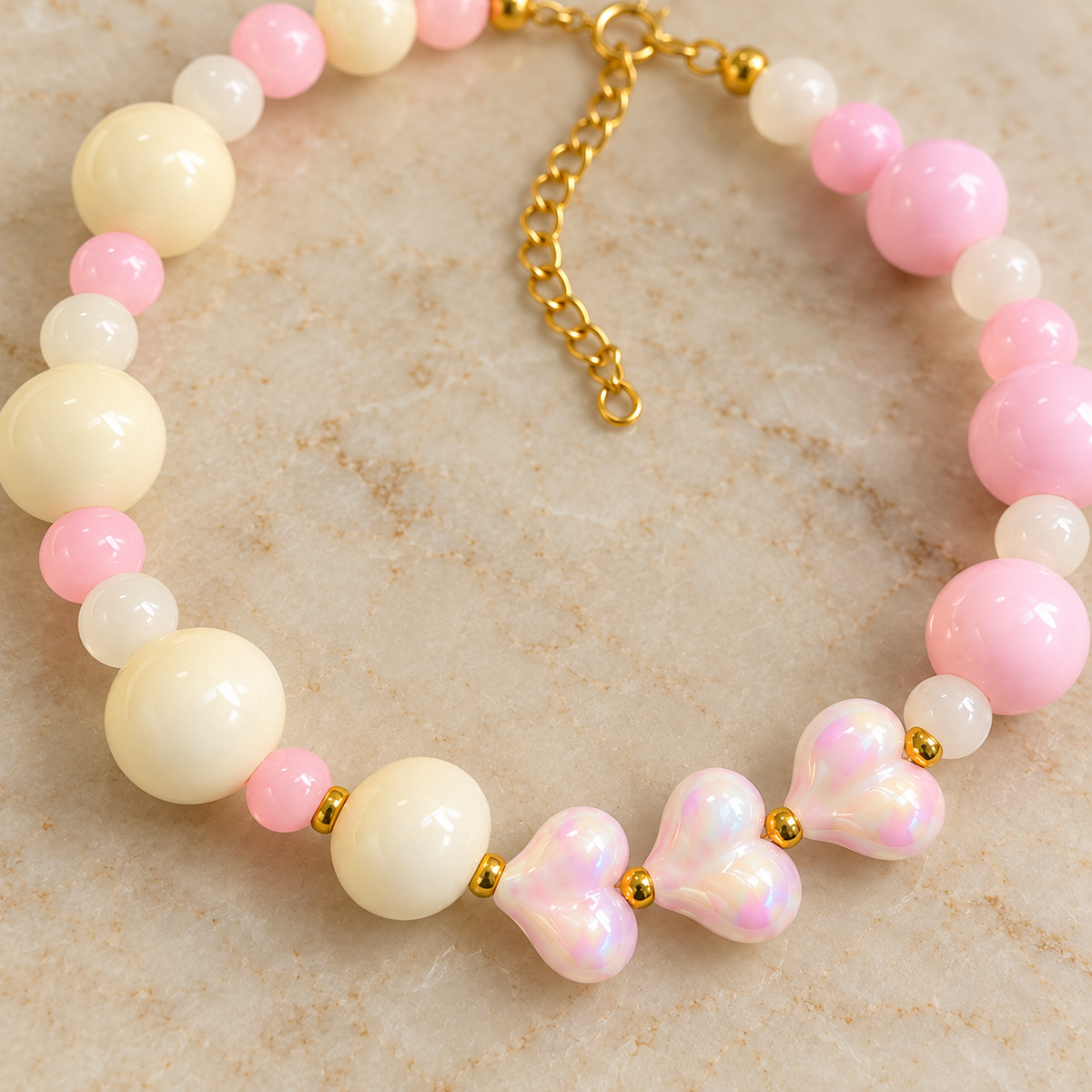 Collar Chicle Candy Love Rosa Pastel Y Corazones Nacarados