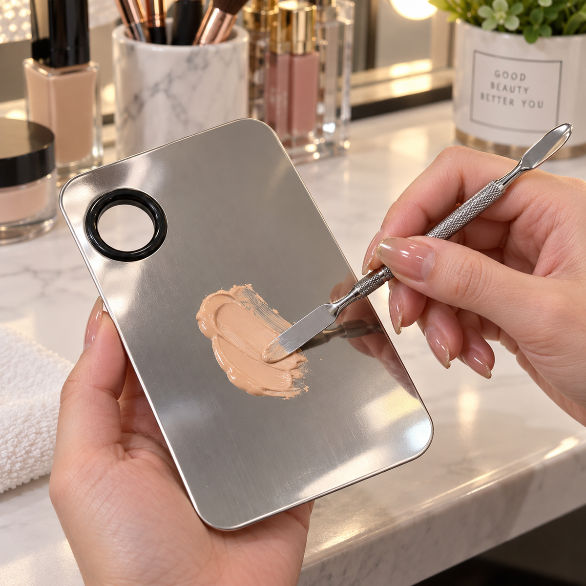 Paleta Mezcladora de Maquillaje de Acero con Espátula