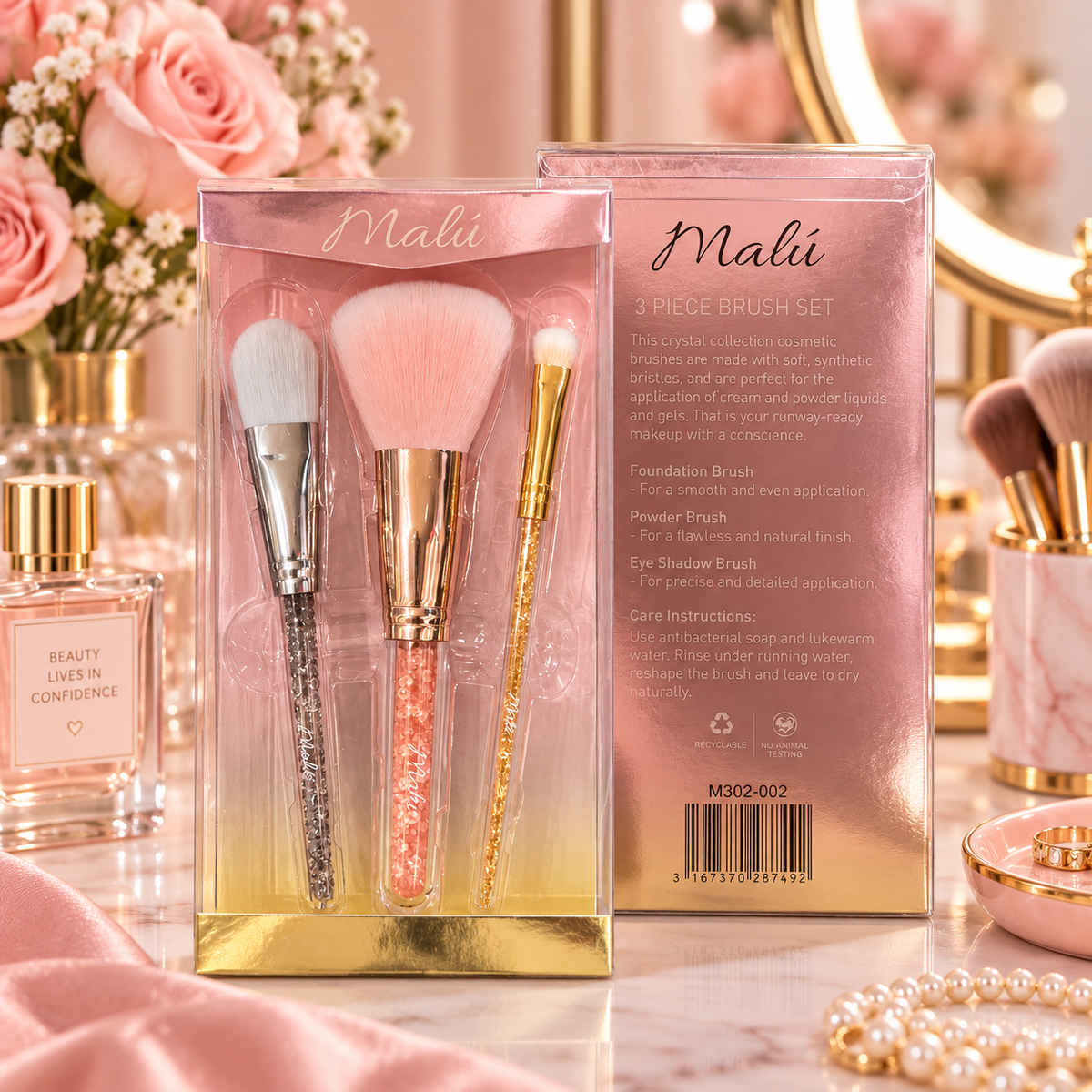 Set Malu de 3 Brochas de Maquillaje con Brillo