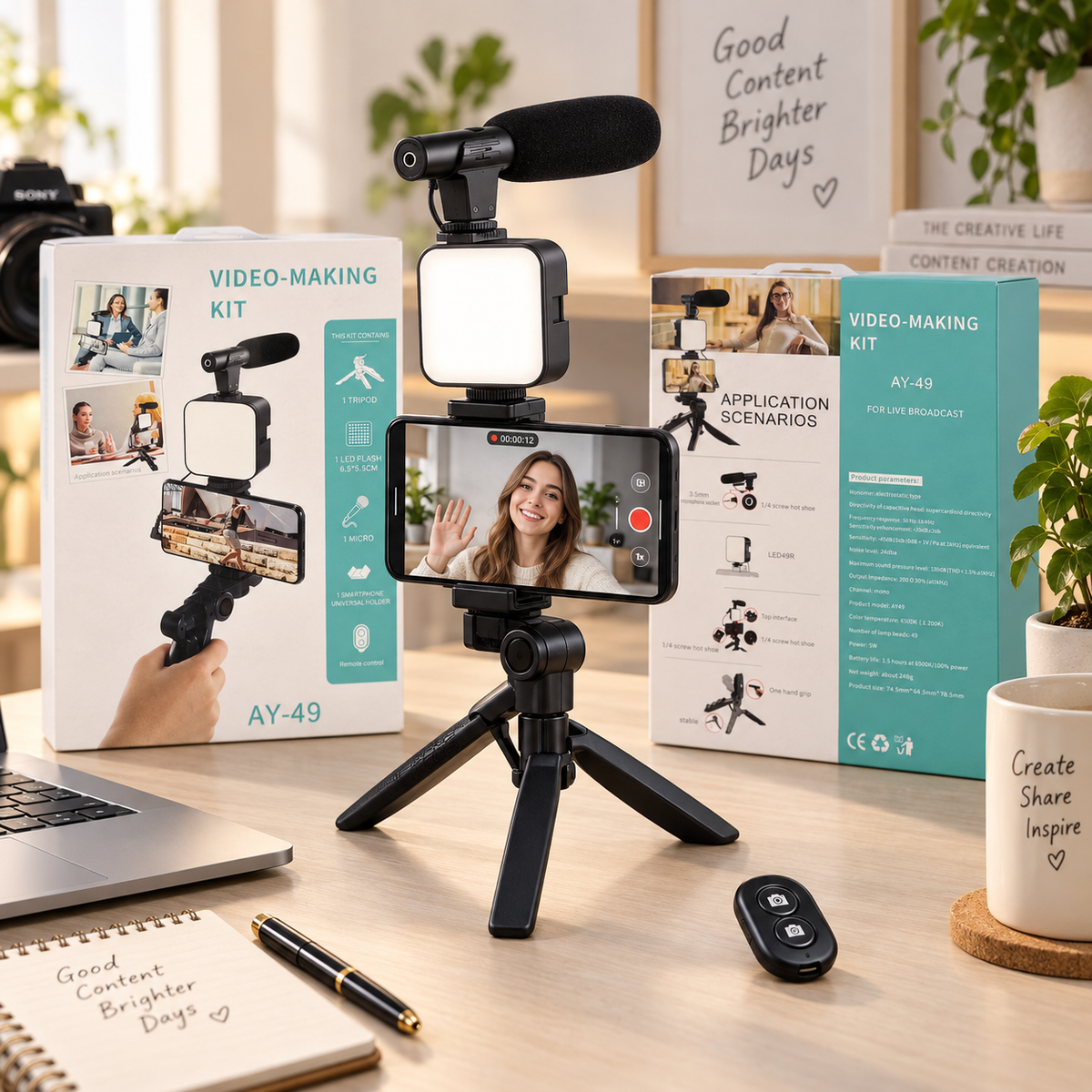 Kit Video Making AY-49 con Trípode, Luz LED y Micrófono