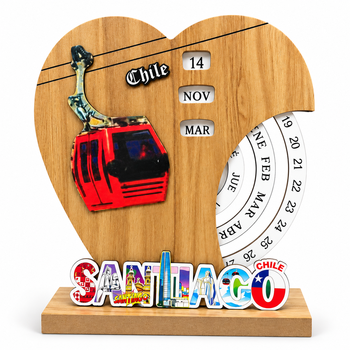Calendario Perpetuo de Madera Giratorio Corazón Teleferico Santiago de Chile