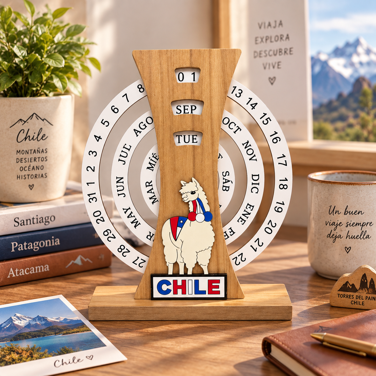 Calendario Perpetuo de Madera Giratorio Chile Llama