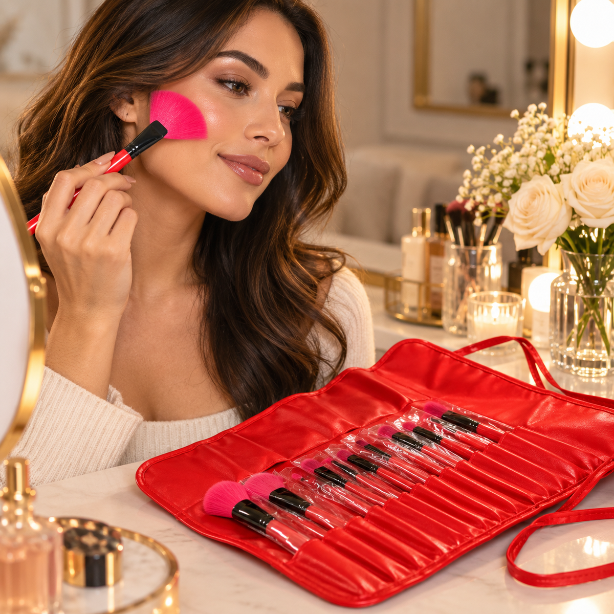 Set de 24 Brochas de Maquillaje con Manta Roja