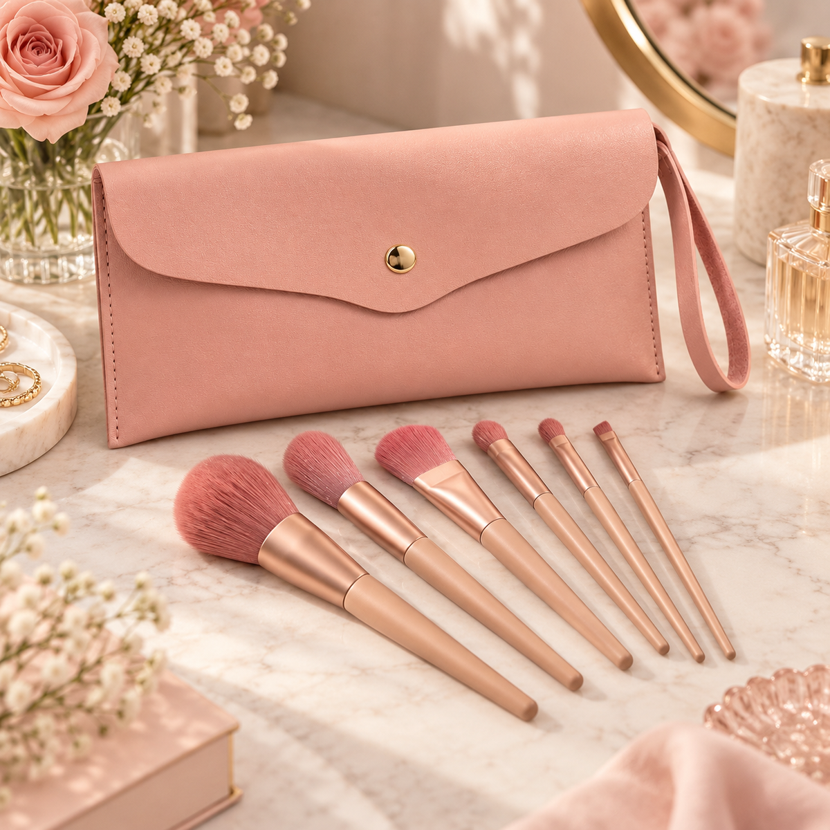 Set de 7 Brochas de Maquillaje con Bolso Rosa