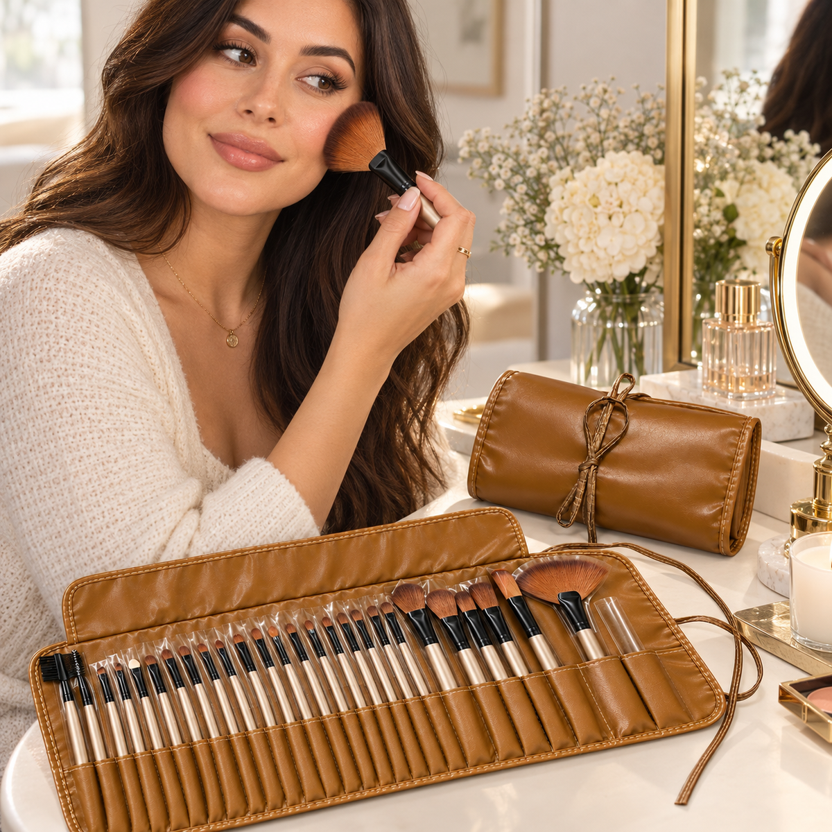 Set de 24 Brochas de Maquillaje con Manta Dorada