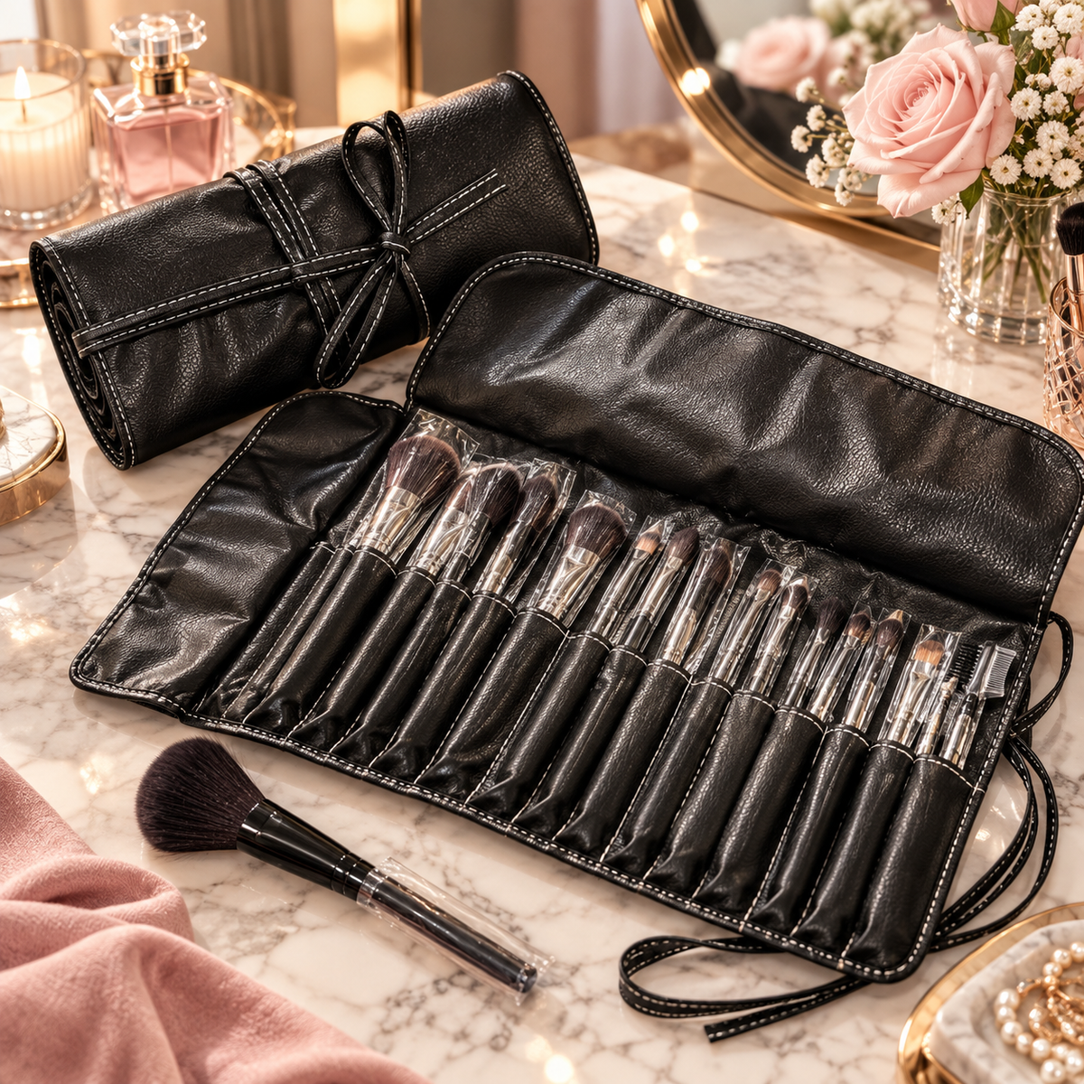 Set Cherimoya de 18 Brochas de Maquillaje con Manta Negra