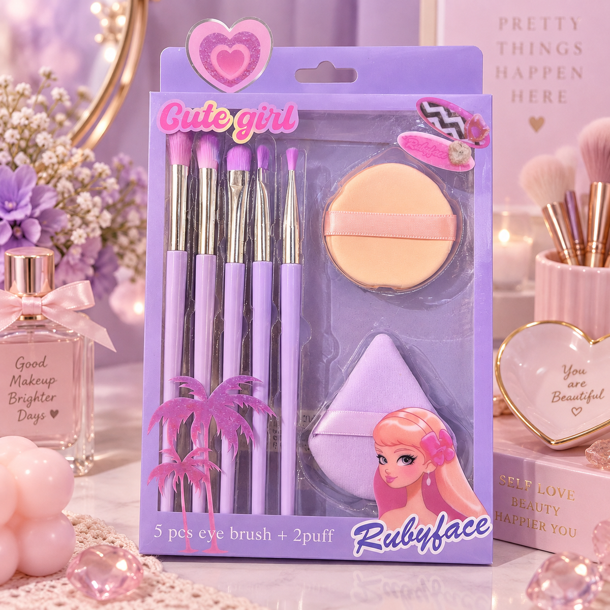 Set Cute Girl de 5 Pinceles y 2 Esponjas Puff Lila