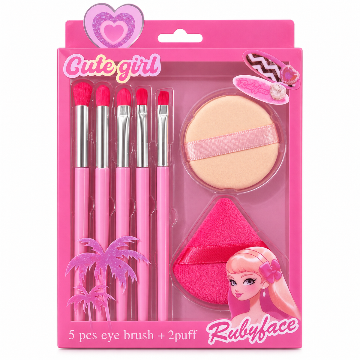 Set Cute Girl de 5 Pinceles y 2 Esponjas Puff Rosa