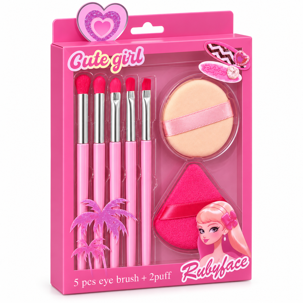 Set Cute Girl de 5 Pinceles y 2 Esponjas Puff Rosa