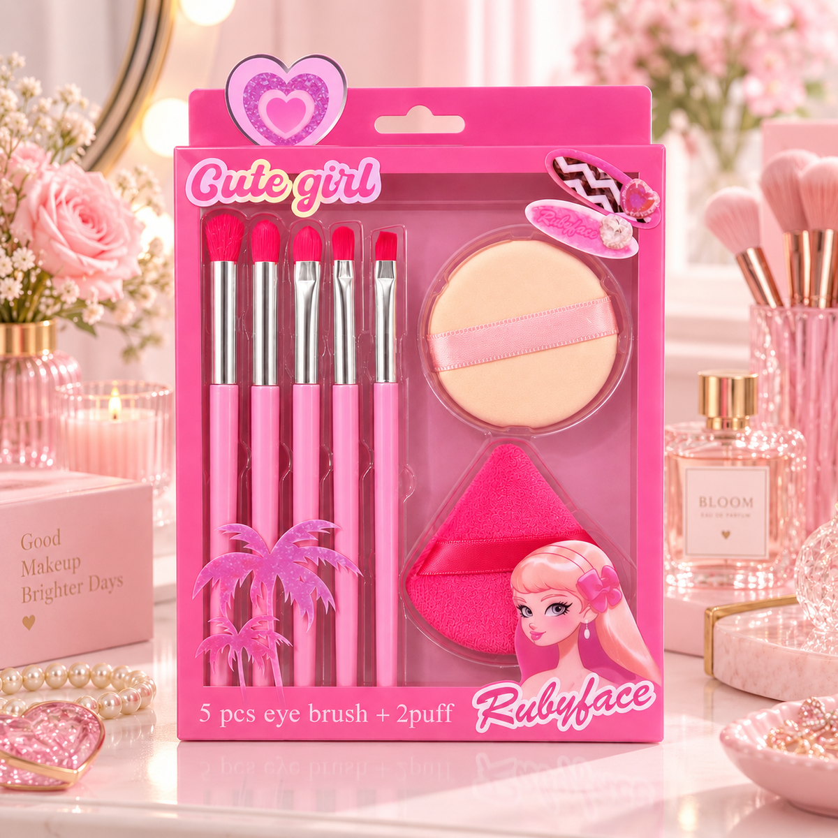 Set Cute Girl de 5 Pinceles y 2 Esponjas Puff Rosa