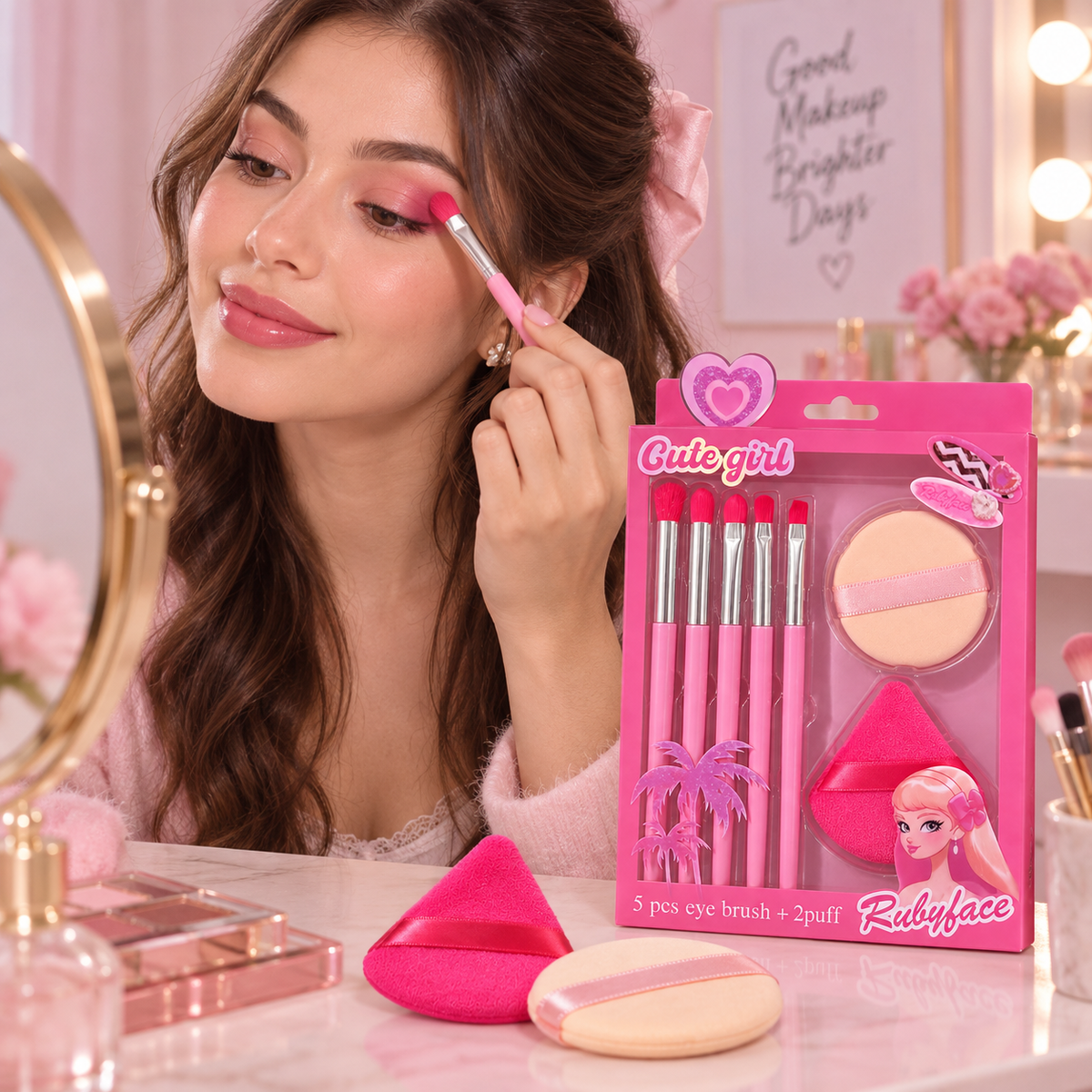 Set Cute Girl de 5 Pinceles y 2 Esponjas Puff Rosa