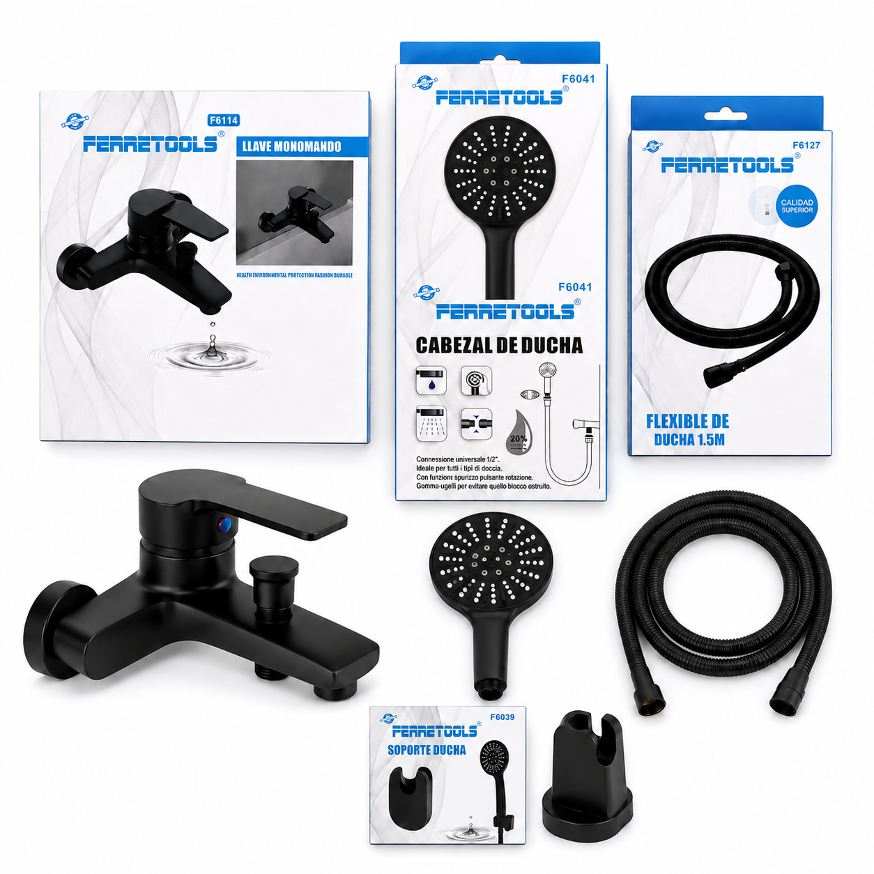 Kit de Ducha Completo Negro Mate – Monomando + Ducha Redonda + Flexible 1,5 m  Mod F61-19