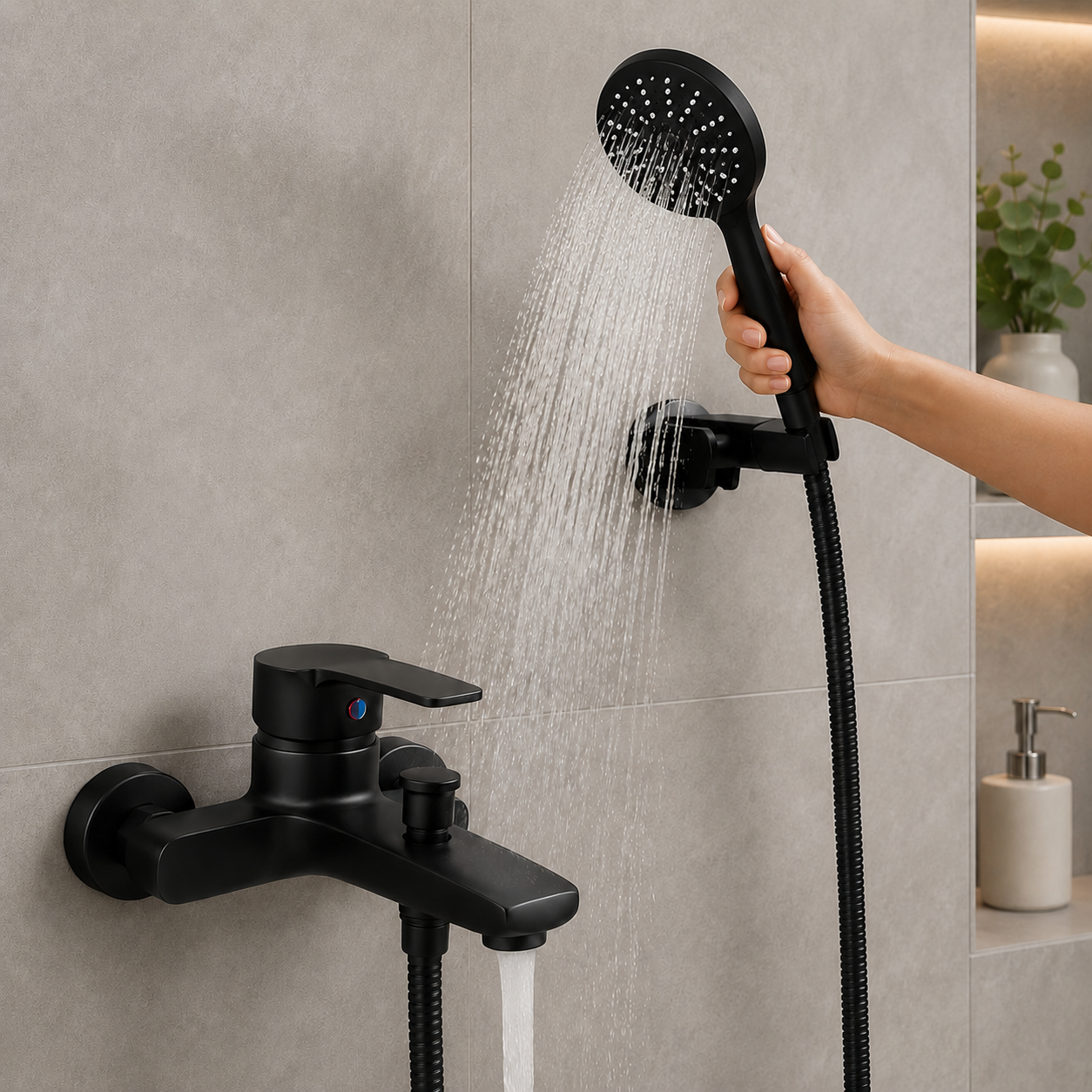 Kit de Ducha Completo Negro Mate – Monomando + Ducha Redonda + Flexible 1,5 m  Mod F61-19