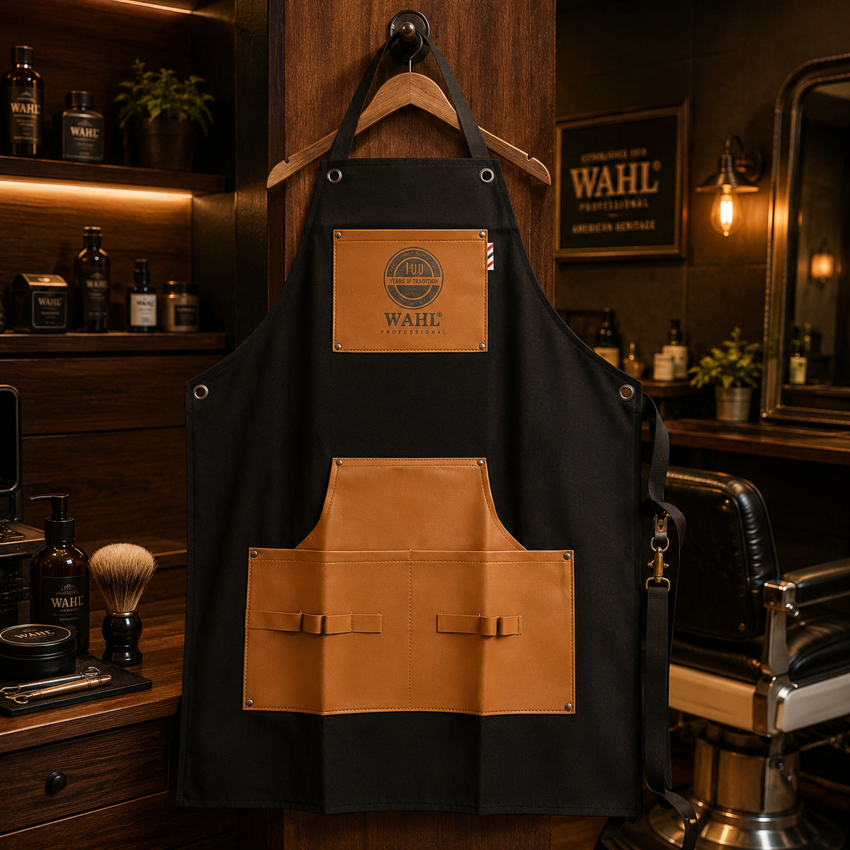Delantal de Barbero Profesional Wahl Negro con Bolsillos Multifuncionales