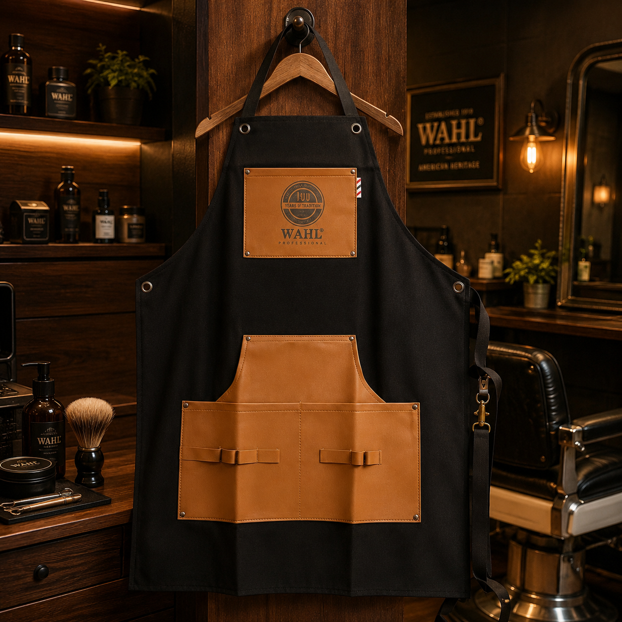 Delantal de Barbero Profesional Wahl Negro con Bolsillos Multifuncionales