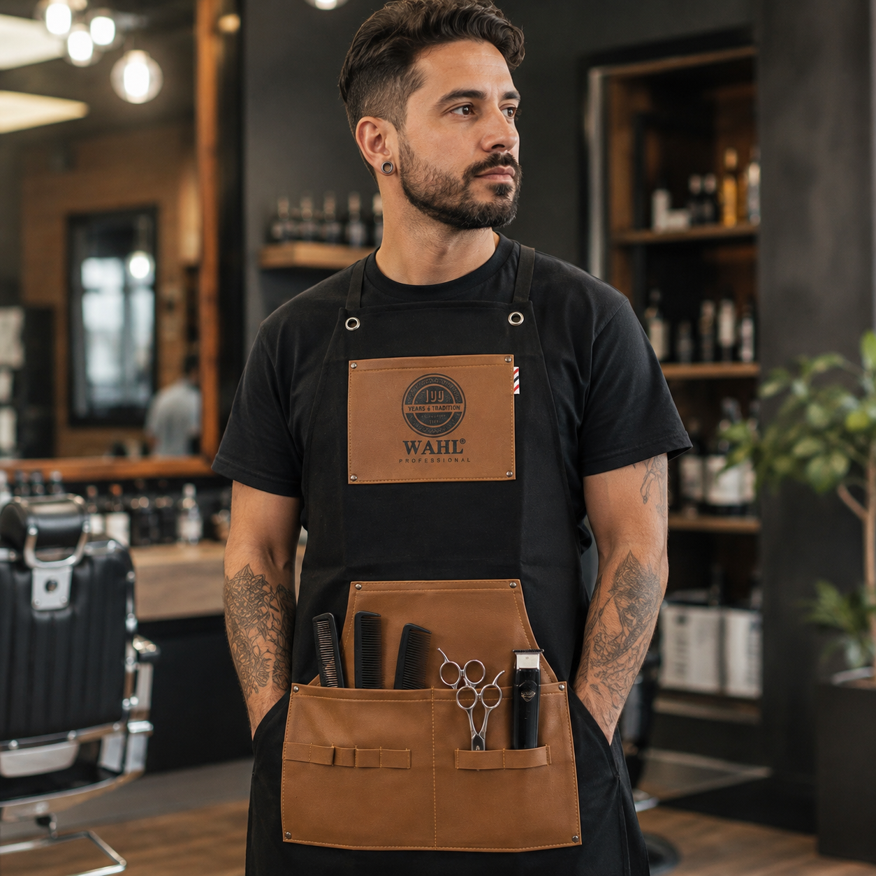Delantal de Barbero Profesional Wahl Negro con Bolsillos Multifuncionales