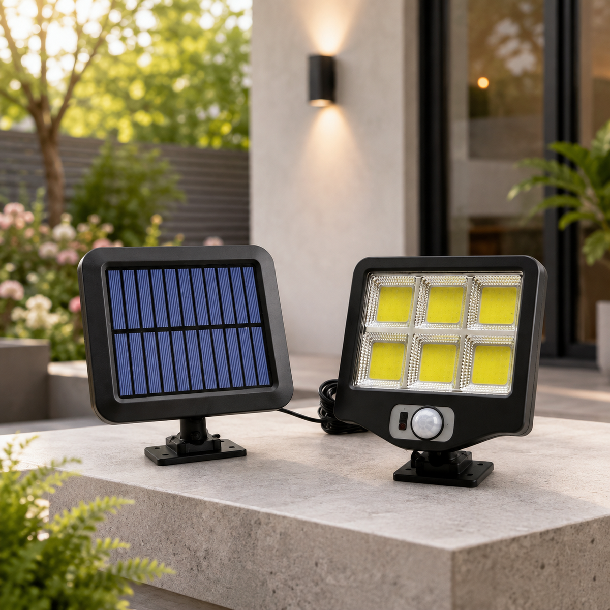 Foco Solar LED Exterior con Panel Separado y Sensor de Movimiento – 6 Luces COB