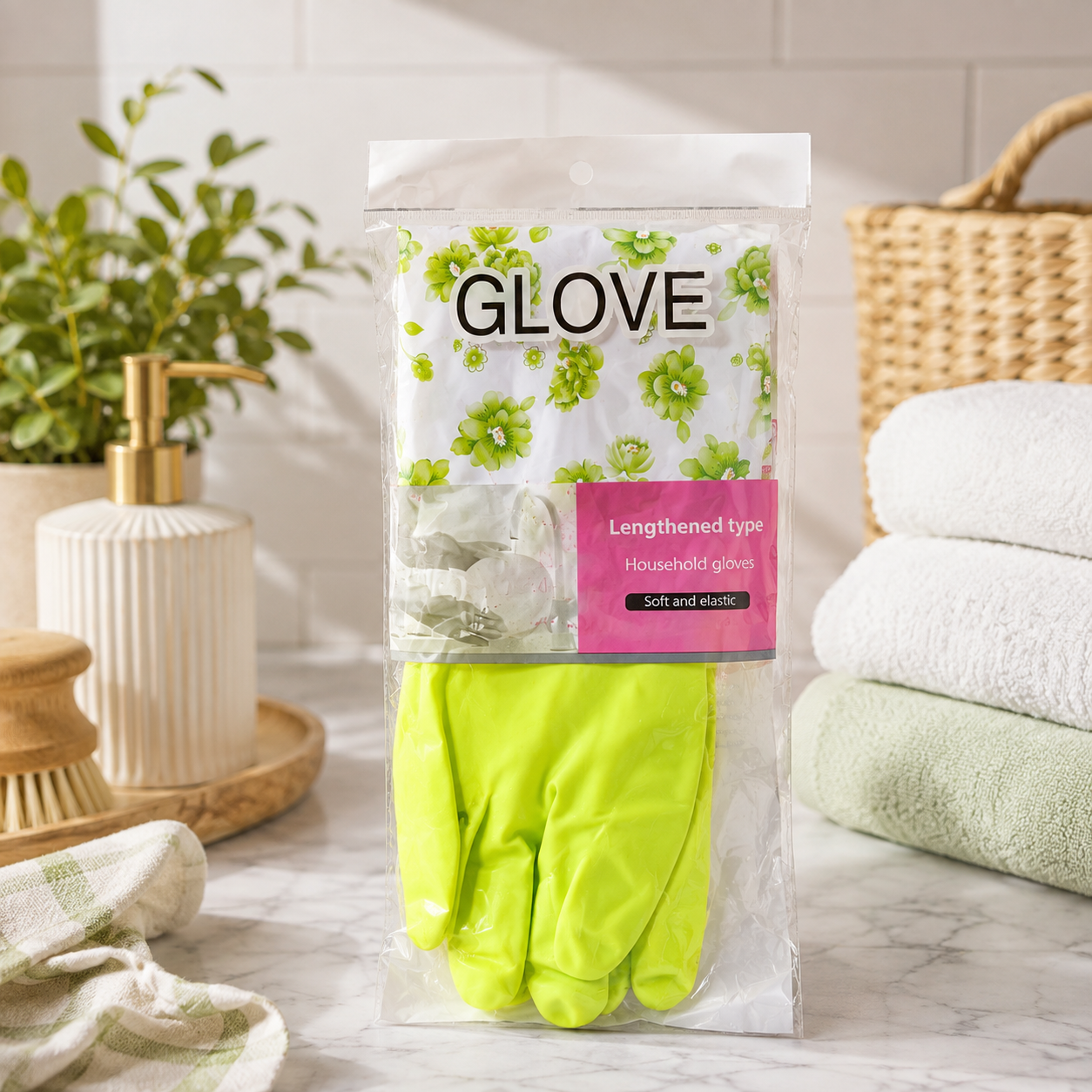 Guantes de Limpieza Extra Largos Impermeables con Puño Floral – Protección para Hogar y Cocina