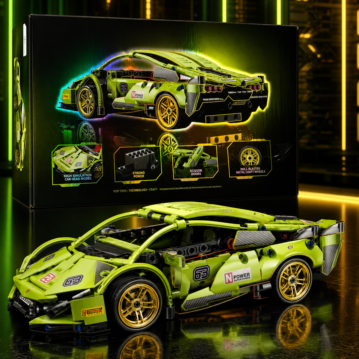 Auto Deportivo de Bloques Verde Neón – Modelo de Construcción Premium