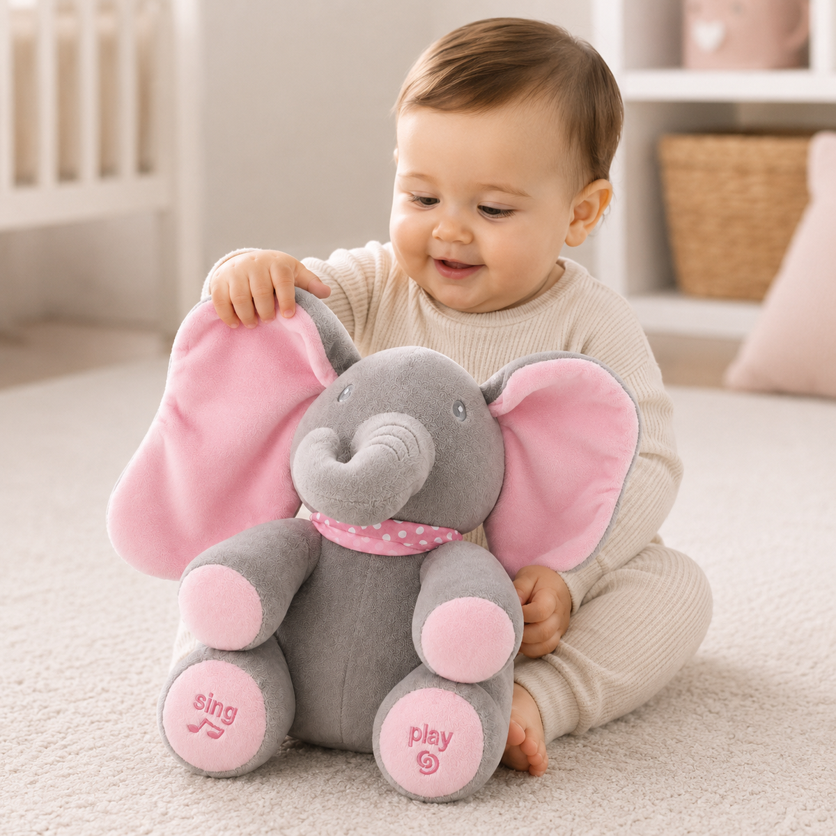 Peluche elefante musical con movimiento de orejas 30 cm