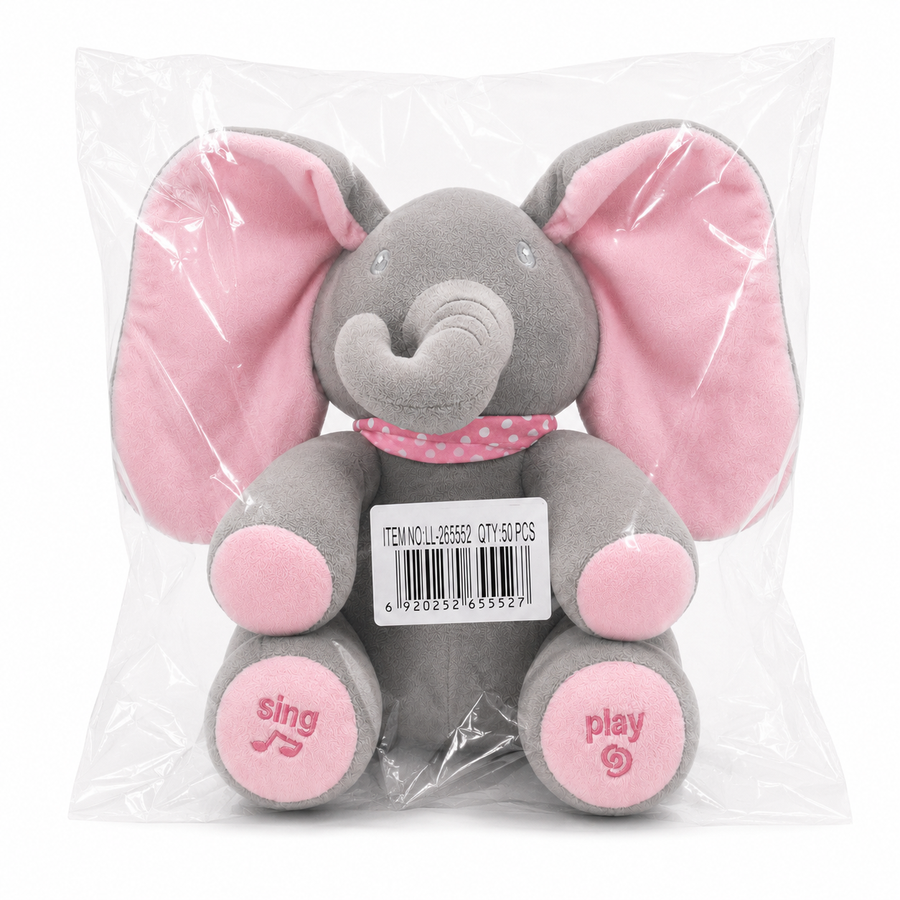 Peluche elefante musical con movimiento de orejas 30 cm