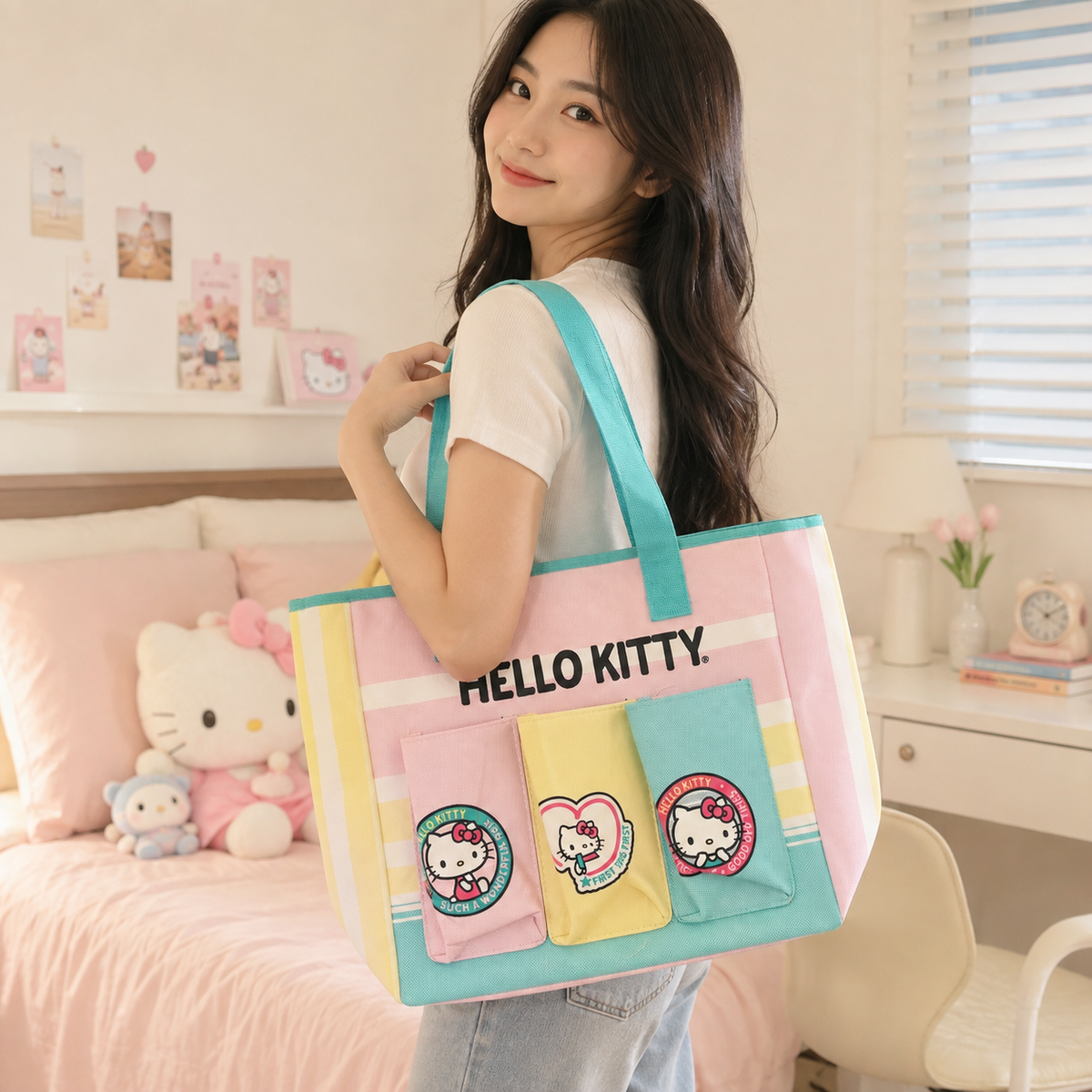 Bolso Playero Grande de Tela Diseño Hello Kitty