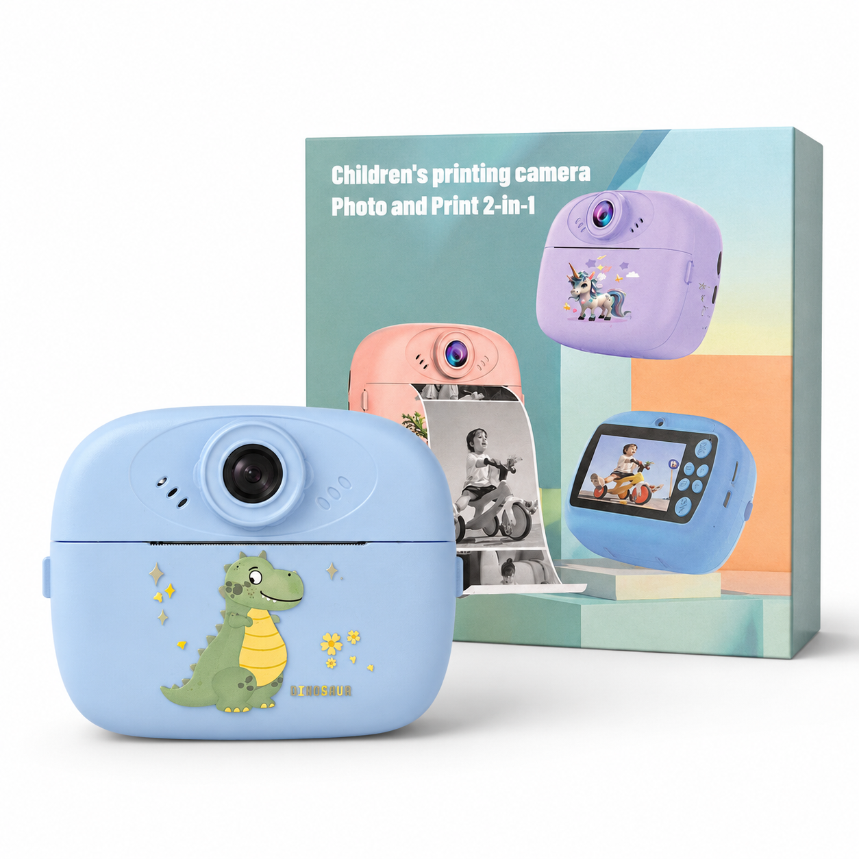 Cámara Infantil 2 en 1 con Impresión Instantánea – Diseño Dinosaurio