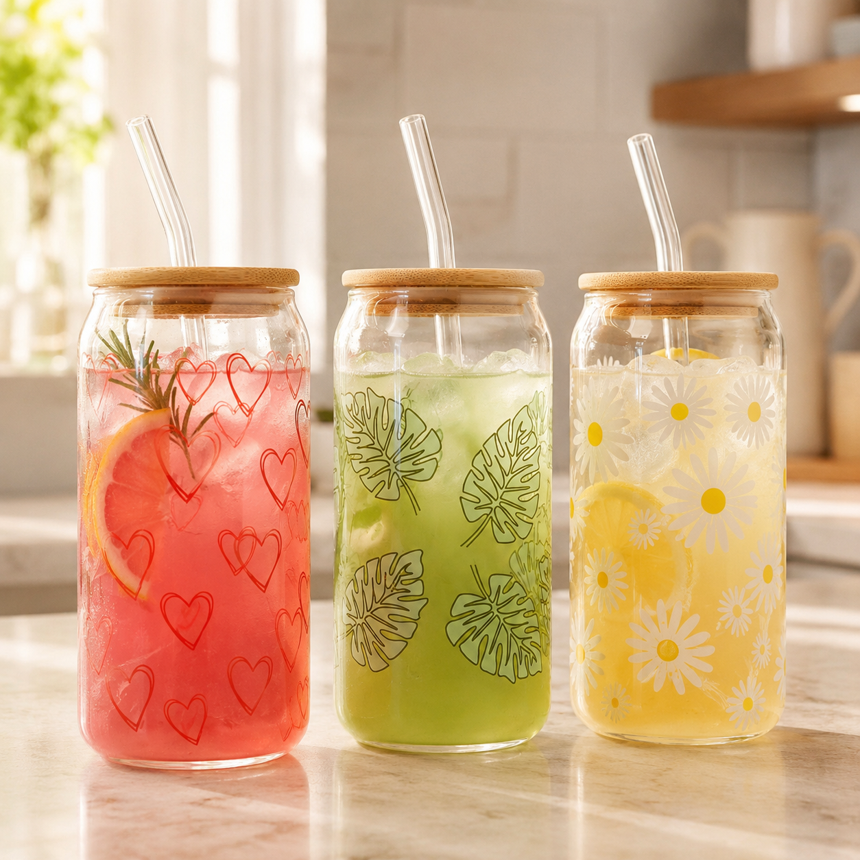 Vaso Lata de Vidrio Tapa Bambu con Sorbete Diseños Varios - vista 7 del producto