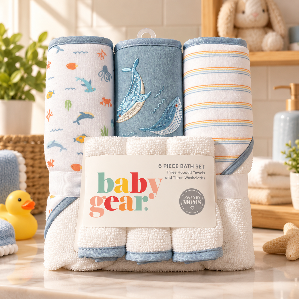 Set de 6 Toallas para Bebé Baby Gear Peces y Ballena – 3 Grandes + 3 Pequeñas