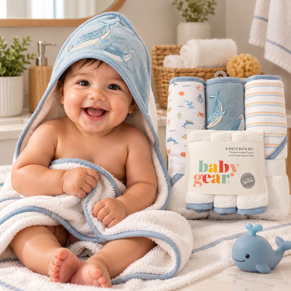 Set de 6 Toallas para Bebé Baby Gear Peces y Ballena – 3 Grandes + 3 Pequeñas