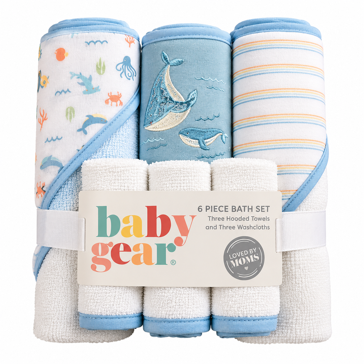 Set de 6 Toallas para Bebé Baby Gear Peces y Ballena – 3 Grandes + 3 Pequeñas