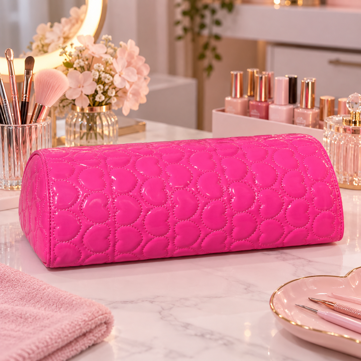 Cojín Posa Manos para Manicure Diseño Corazón Fucsia