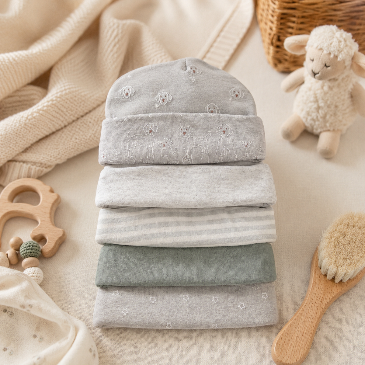 Set de 5 Gorritos para Bebé Little Alpaca Perro Gris