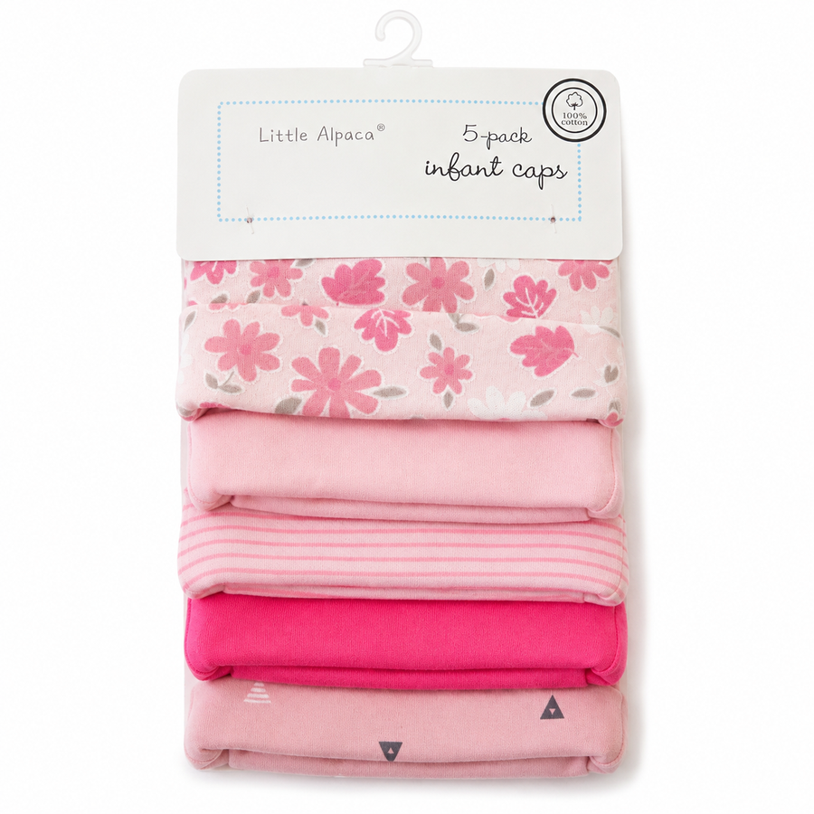 Set de 5 Gorritos para Bebé Little Alpaca Rosa Flor y Líneas