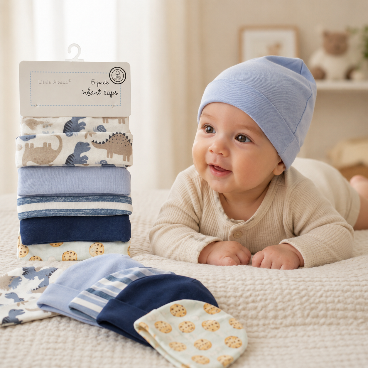 Set de 5 Gorritos para Bebé Little Alpaca Dinosaurio Azul