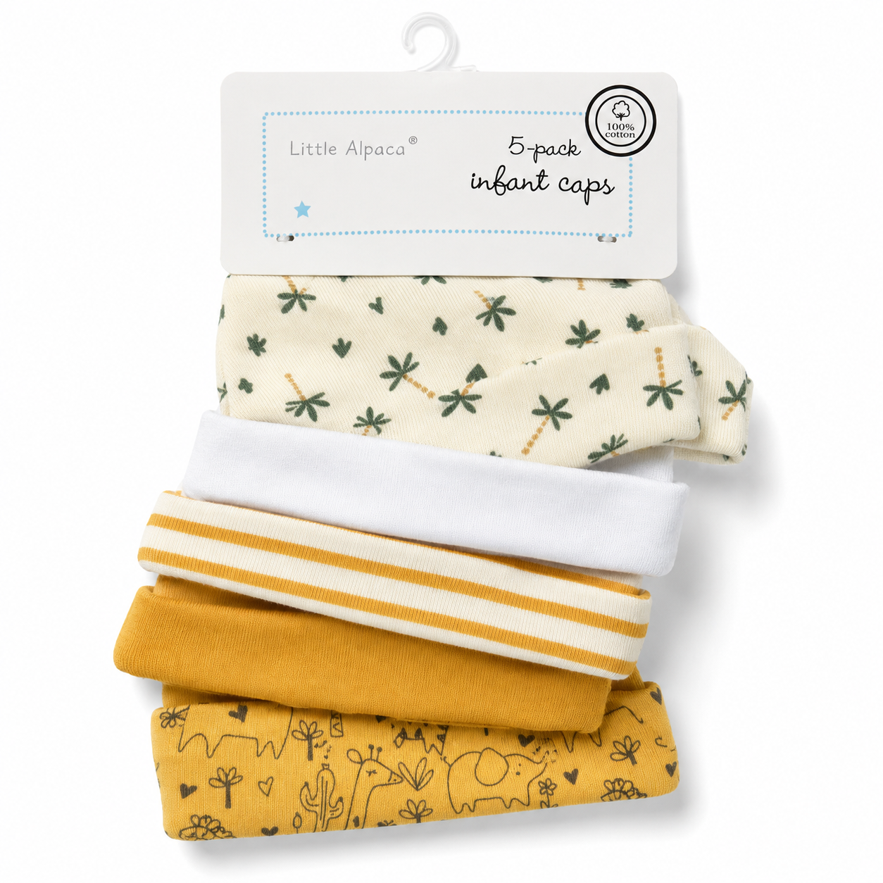 Set de 5 Gorritos para Bebé Little Alpaca Palmera Mostaza