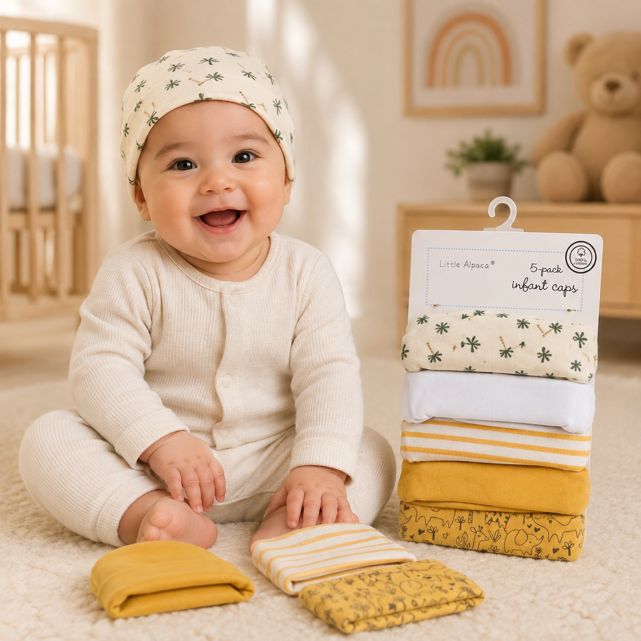Set de 5 Gorritos para Bebé Little Alpaca Palmera Mostaza