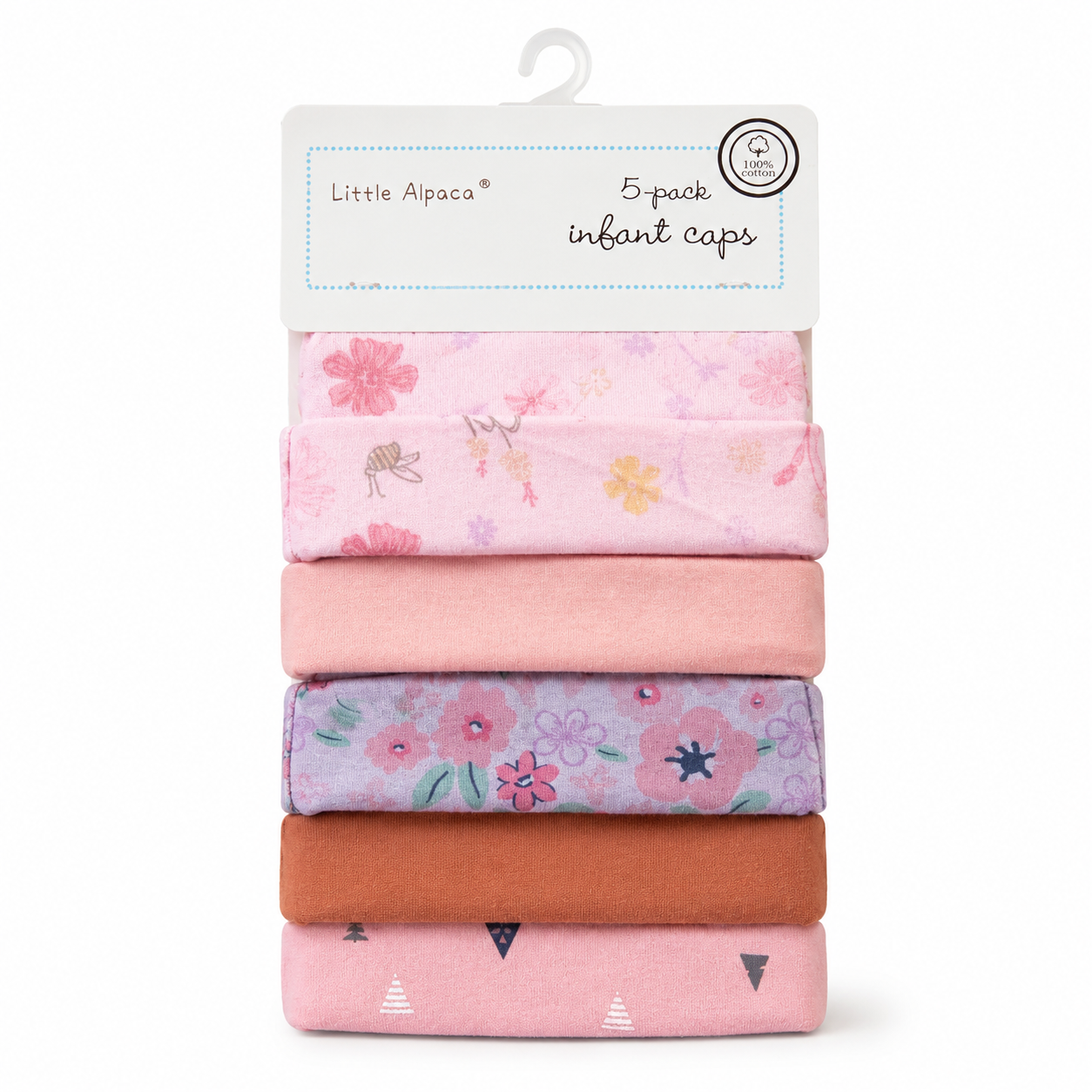 Set de 5 Gorritos para Bebé Little Alpaca Rosa Flor y Triángulo