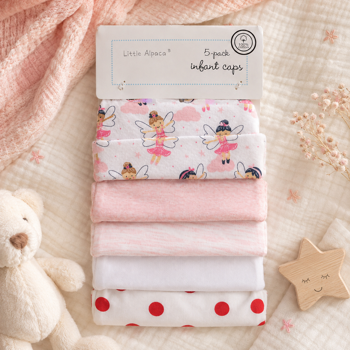 Set de 5 Gorritos para Bebé Little Alpaca Blanco Hada y Lunares