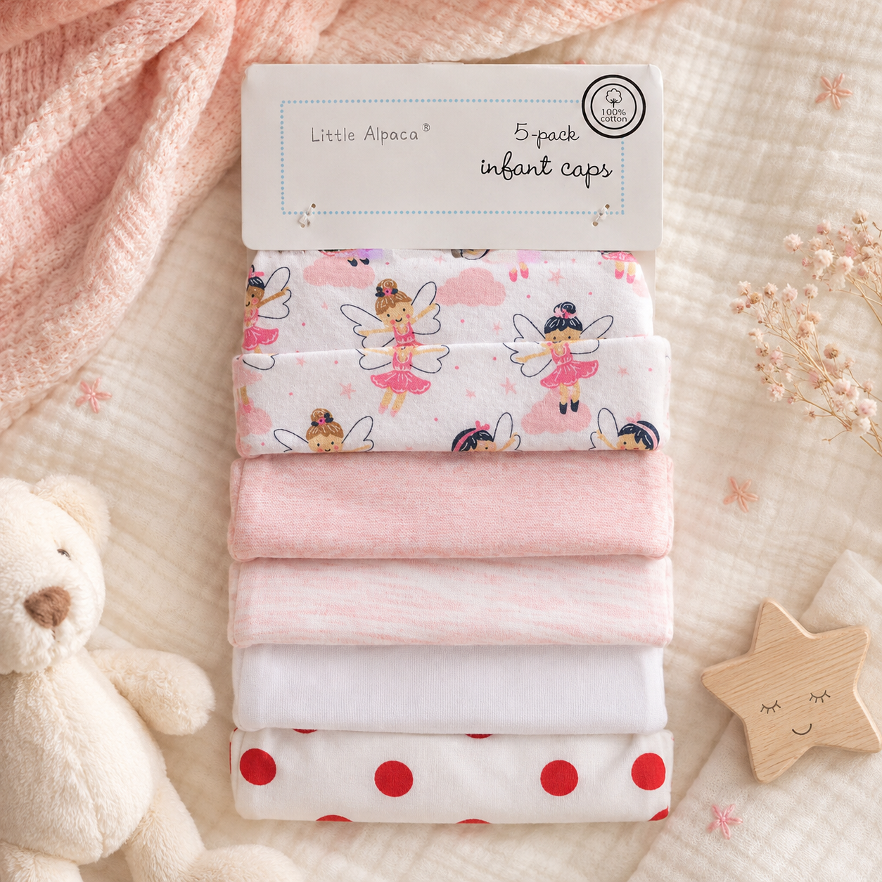 Set de 5 Gorritos para Bebé Little Alpaca Blanco Hada y Lunares