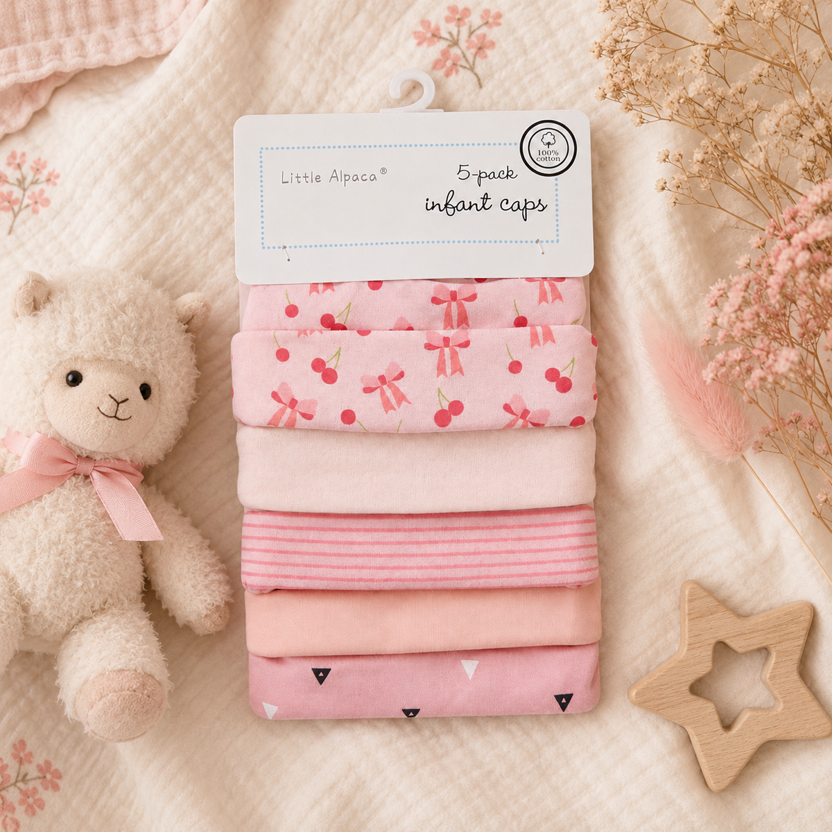 Set de 5 Gorritos para Bebé Little Alpaca Blanco Lazo y Triángulo